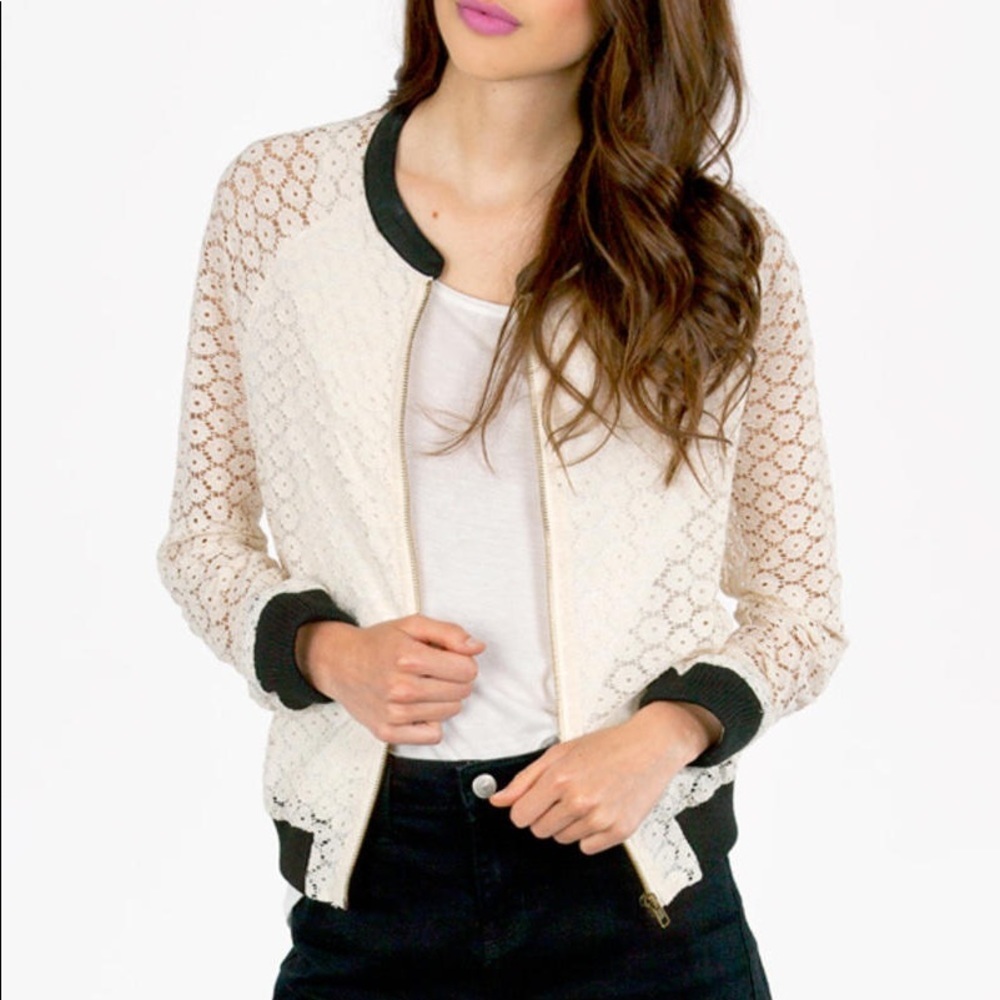 Tobi Lush Lace Crochet Style Zip Sweater Jacket - S